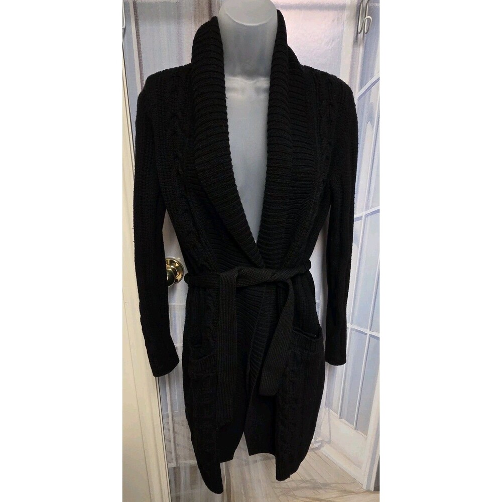 Jones New York Merino Wool Cardigan Women Small Black Cable Knit Jacket